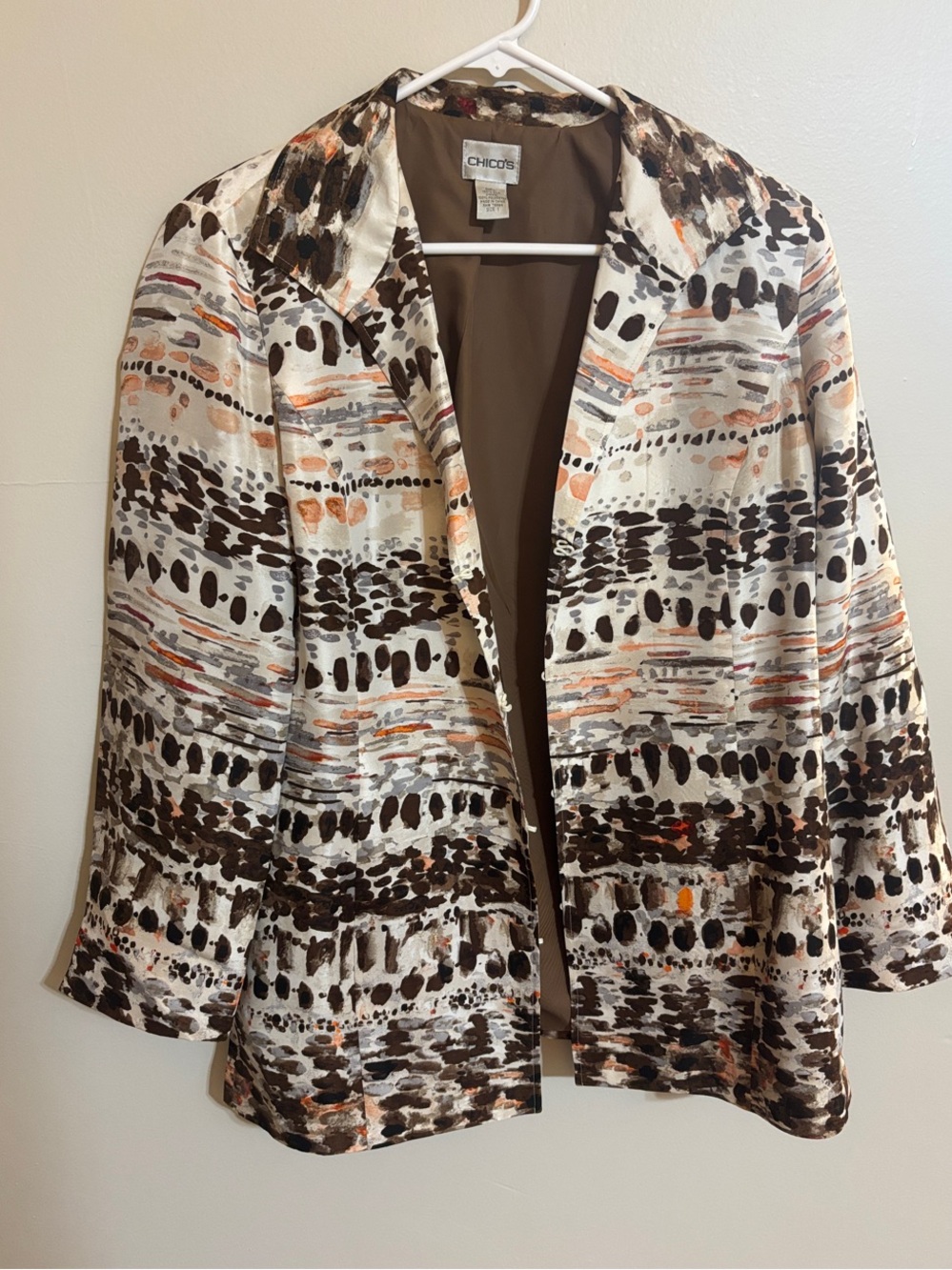 Chico's Brown, Cream & Orange Abstract Open-Front Blazer (Chicos size 1)